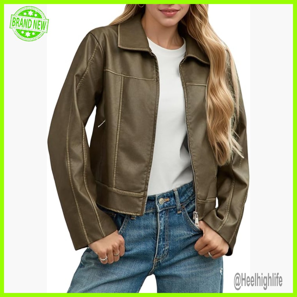 Faux Leather Motorcycle Jacket Cropped Zip Up Long Sleeve With Pockets